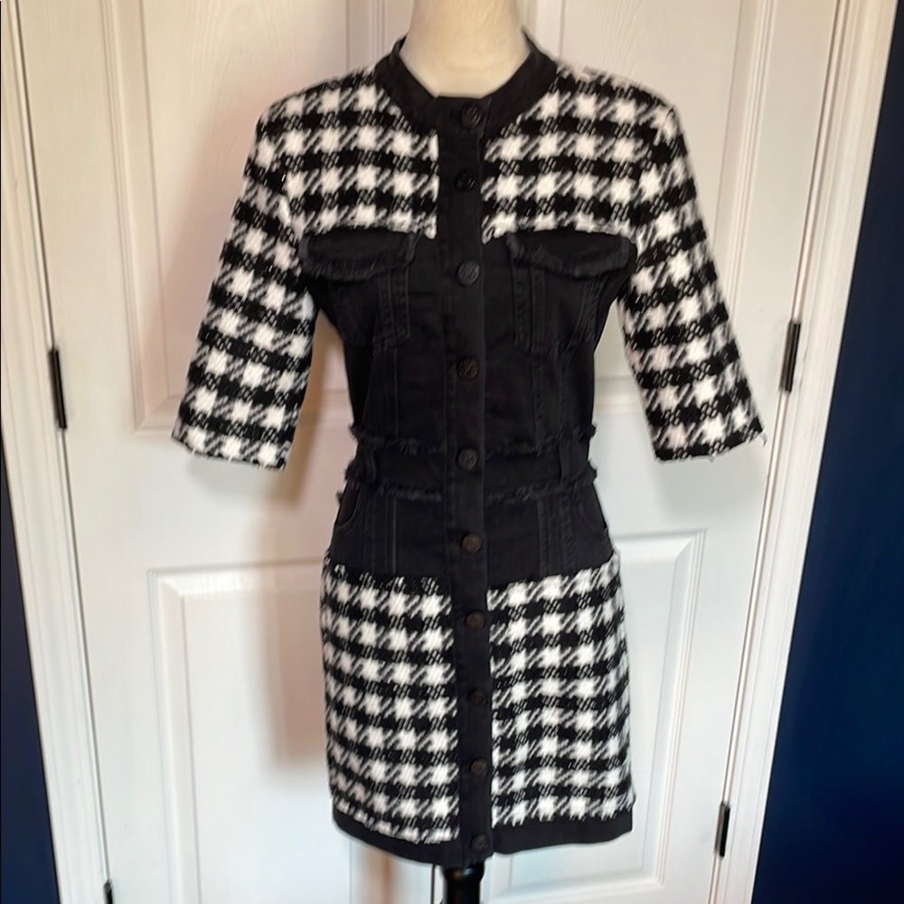 Gaelle Paris Houndstooth Tweed & Black Denim Fitted‎ Mini Dress EU 40/US 6